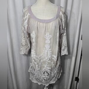4 Love And Liberty Embroidered Tunic Blouse Cold Shoulder Sz Small Lilac
